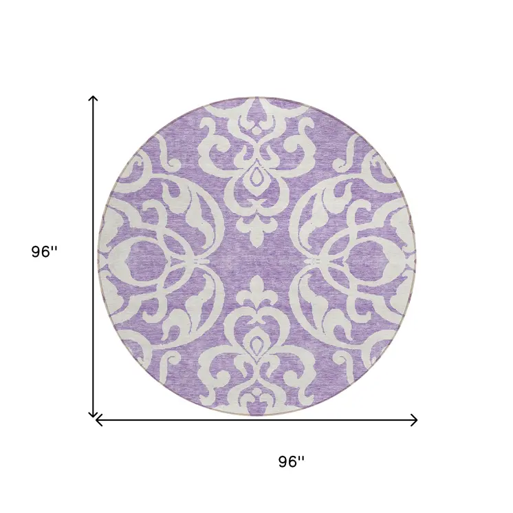 8' Purple And Ivory Round Damask Washable Indoor Outdoor Area Rug
