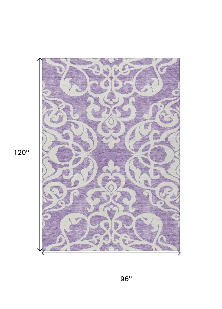 8' X 10' Purple And Ivory Damask Washable Indoor Outdoor Area Rug