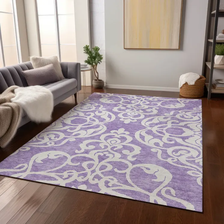 8' X 10' Purple And Ivory Damask Washable Indoor Outdoor Area Rug