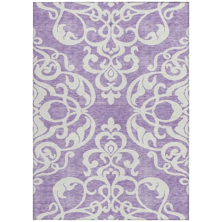 9' X 12' Purple And Ivory Damask Washable Indoor Outdoor Area Rug