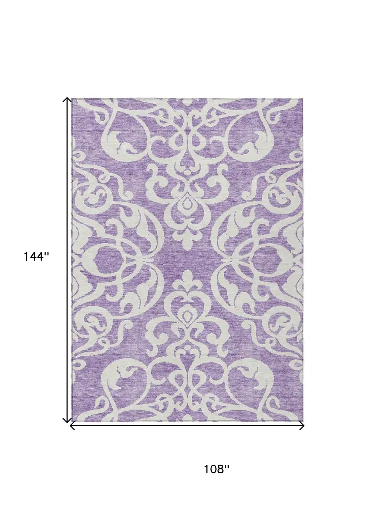 9' X 12' Purple And Ivory Damask Washable Indoor Outdoor Area Rug