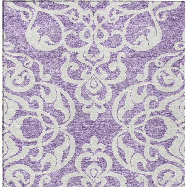 9' X 12' Purple And Ivory Damask Washable Indoor Outdoor Area Rug