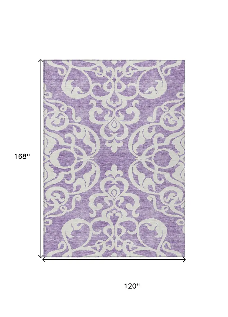 10' X 14' Purple And Ivory Damask Washable Indoor Outdoor Area Rug