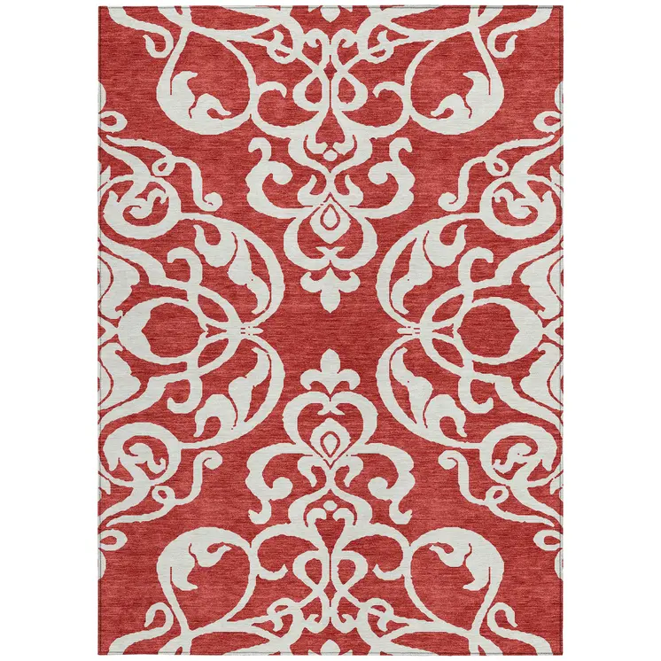 3' X 5' Red And Ivory Damask Washable Indoor Outdoor Area Rug
