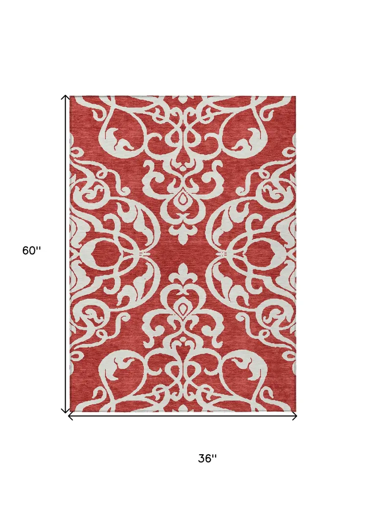 3' X 5' Red And Ivory Damask Washable Indoor Outdoor Area Rug