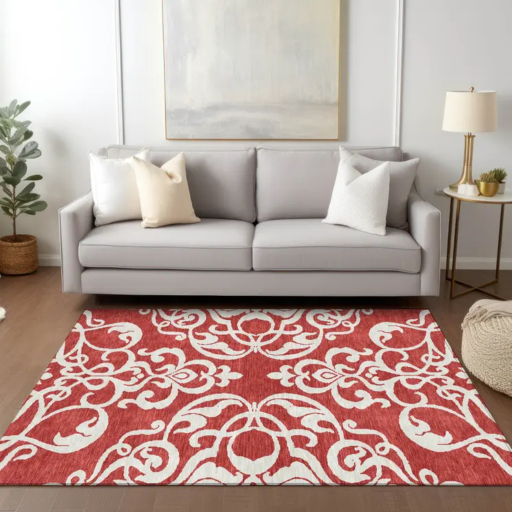 3' X 5' Red And Ivory Damask Washable Indoor Outdoor Area Rug