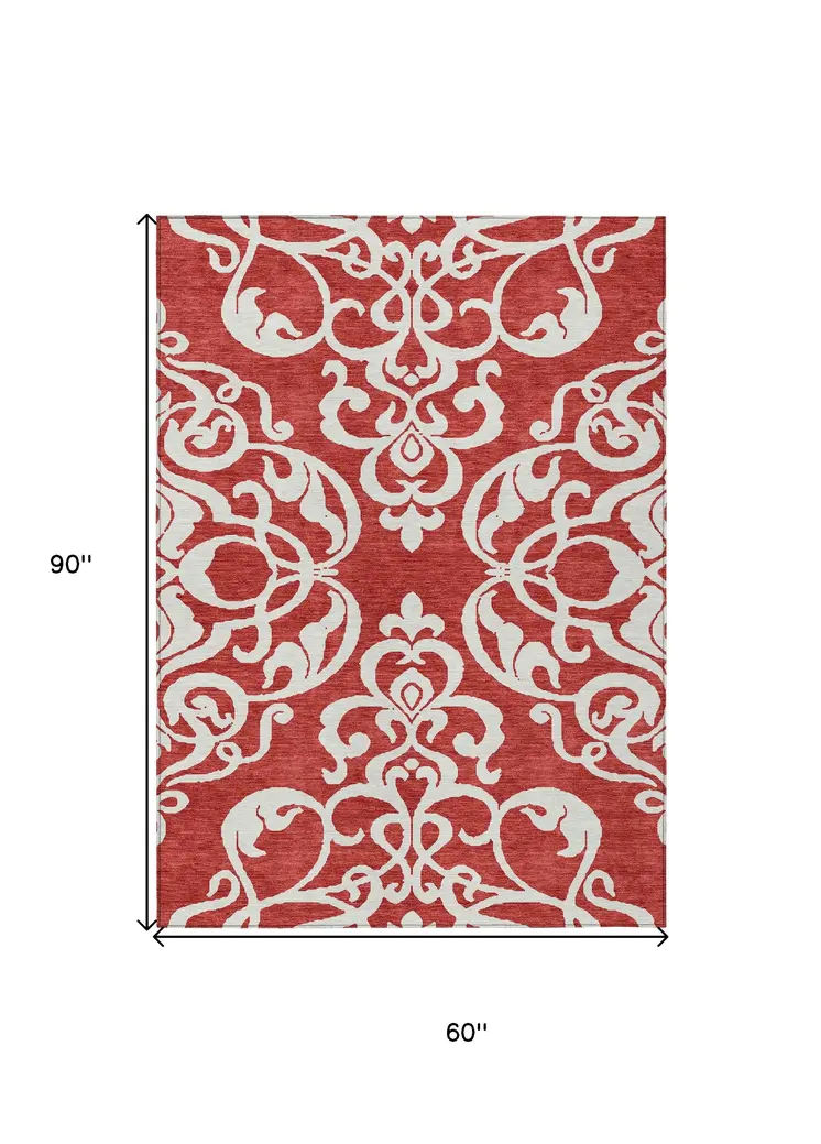 5' X 8' Red And Ivory Damask Washable Indoor Outdoor Area Rug