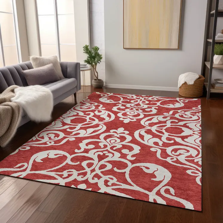 5' X 8' Red And Ivory Damask Washable Indoor Outdoor Area Rug