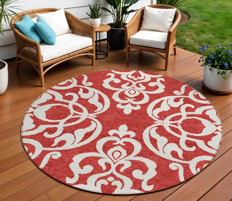 8' Red And Ivory Round Damask Washable Indoor Outdoor Area Rug