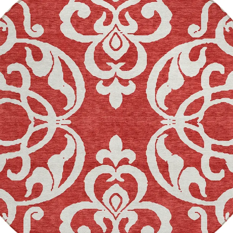 8' Red And Ivory Round Damask Washable Indoor Outdoor Area Rug