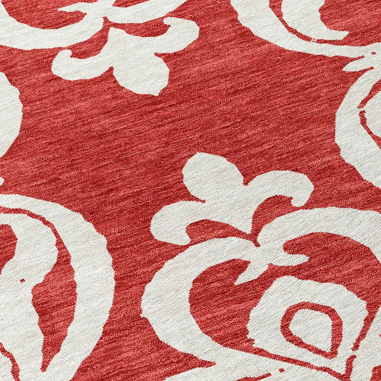 8' Red And Ivory Round Damask Washable Indoor Outdoor Area Rug
