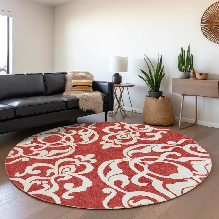 8' Red And Ivory Round Damask Washable Indoor Outdoor Area Rug