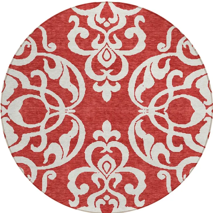 8' Red And Ivory Round Damask Washable Indoor Outdoor Area Rug