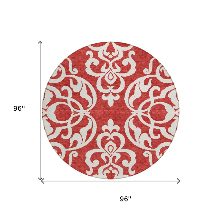 8' Red And Ivory Round Damask Washable Indoor Outdoor Area Rug