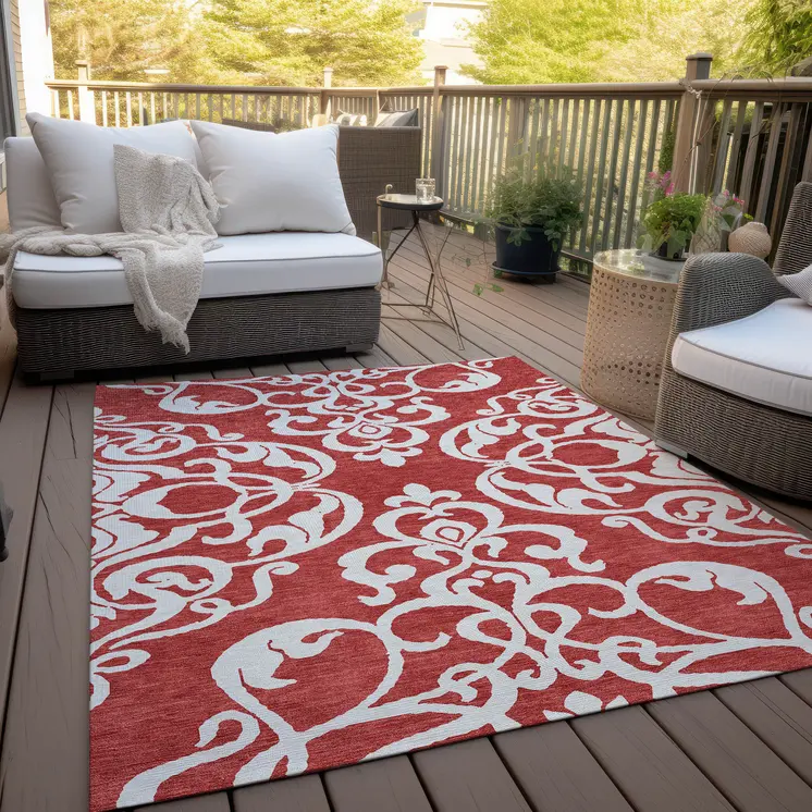 8' X 10' Red And Ivory Damask Washable Indoor Outdoor Area Rug