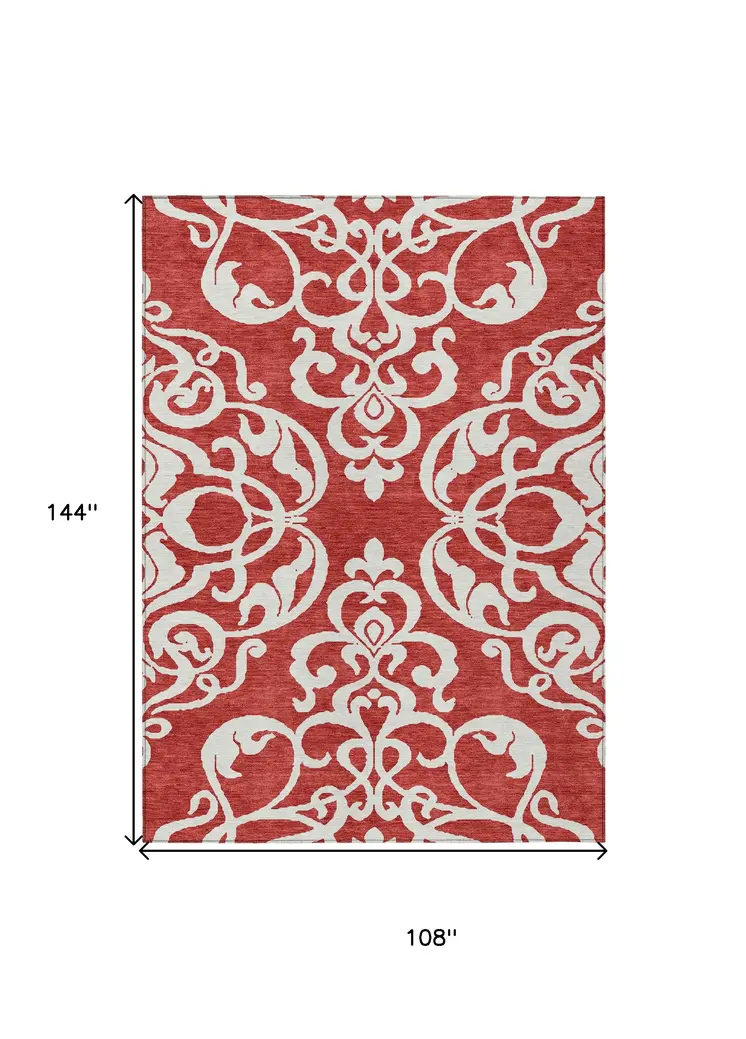 9' X 12' Red And Ivory Damask Washable Indoor Outdoor Area Rug