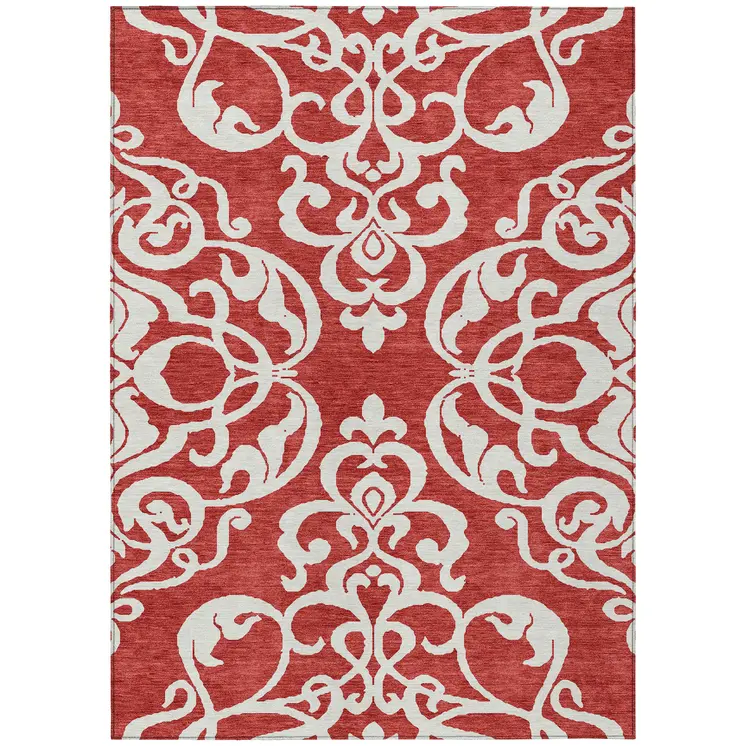 9' X 12' Red And Ivory Damask Washable Indoor Outdoor Area Rug