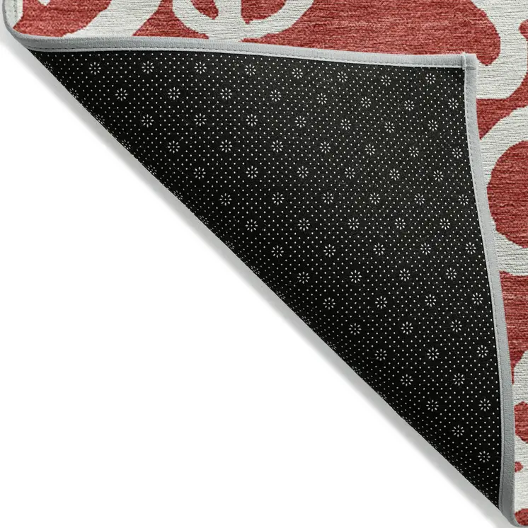 9' X 12' Red And Ivory Damask Washable Indoor Outdoor Area Rug