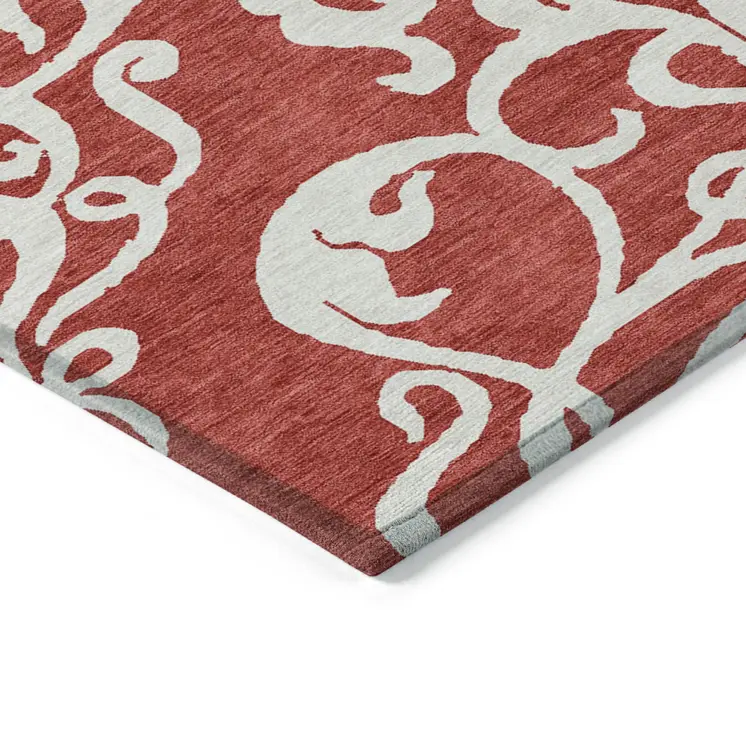 9' X 12' Red And Ivory Damask Washable Indoor Outdoor Area Rug