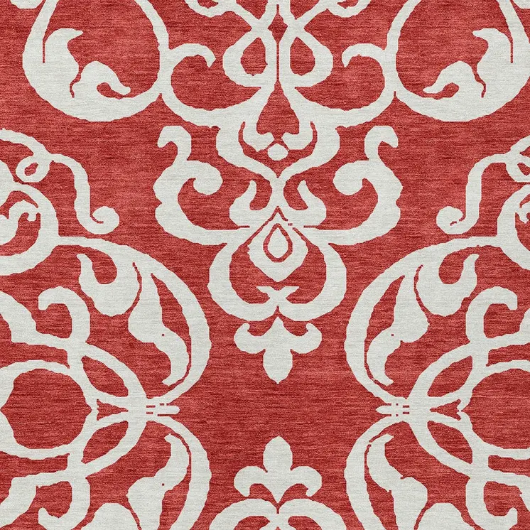 9' X 12' Red And Ivory Damask Washable Indoor Outdoor Area Rug