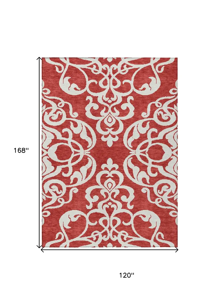 10' X 14' Red And Ivory Damask Washable Indoor Outdoor Area Rug