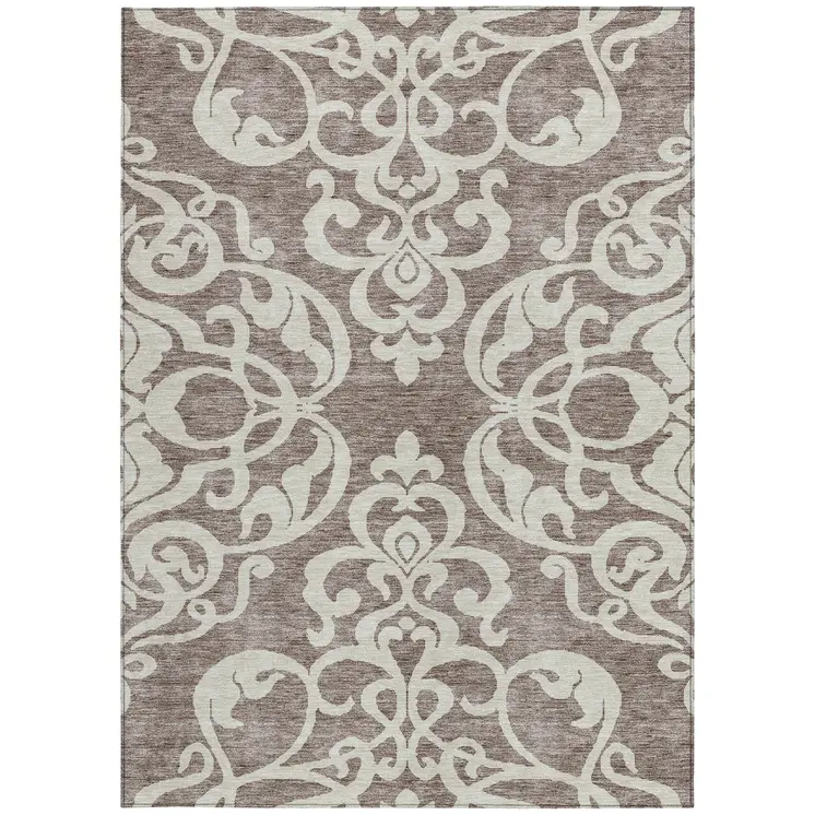 3' X 5' Taupe And Ivory Damask Washable Indoor Outdoor Area Rug