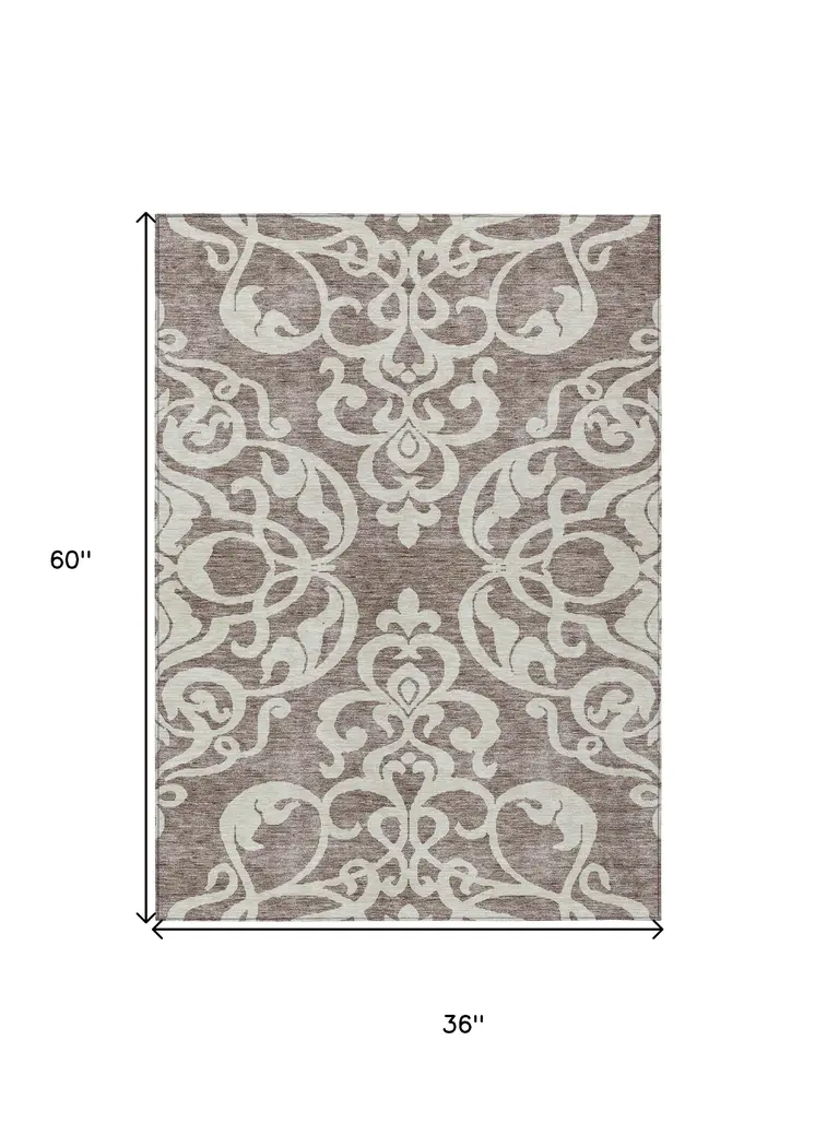 3' X 5' Taupe And Ivory Damask Washable Indoor Outdoor Area Rug