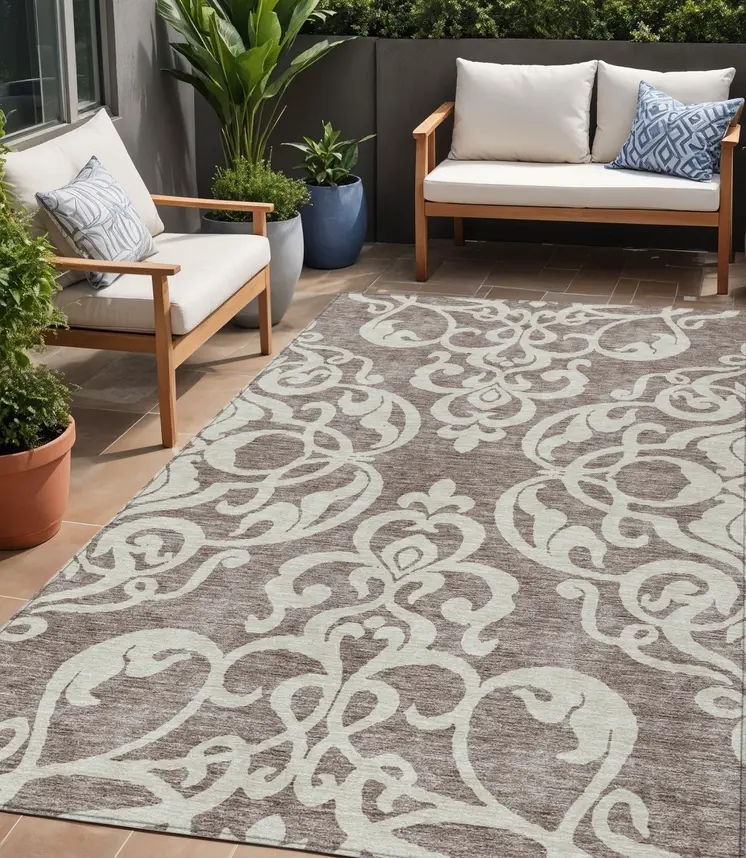 5' X 8' Taupe And Ivory Damask Washable Indoor Outdoor Area Rug