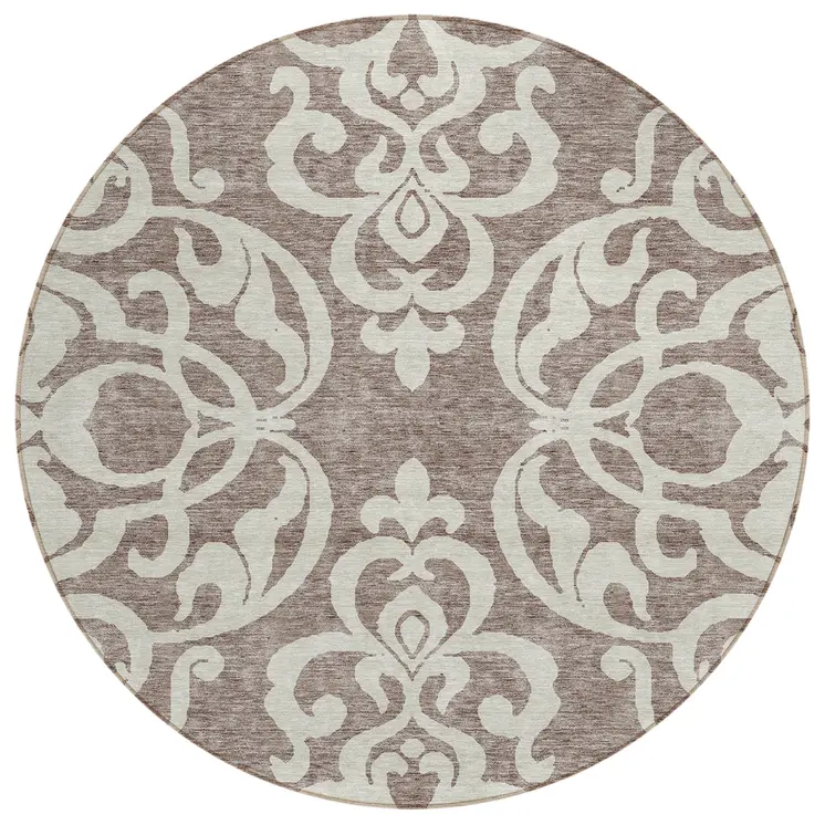 8' Taupe And Ivory Round Damask Washable Indoor Outdoor Area Rug