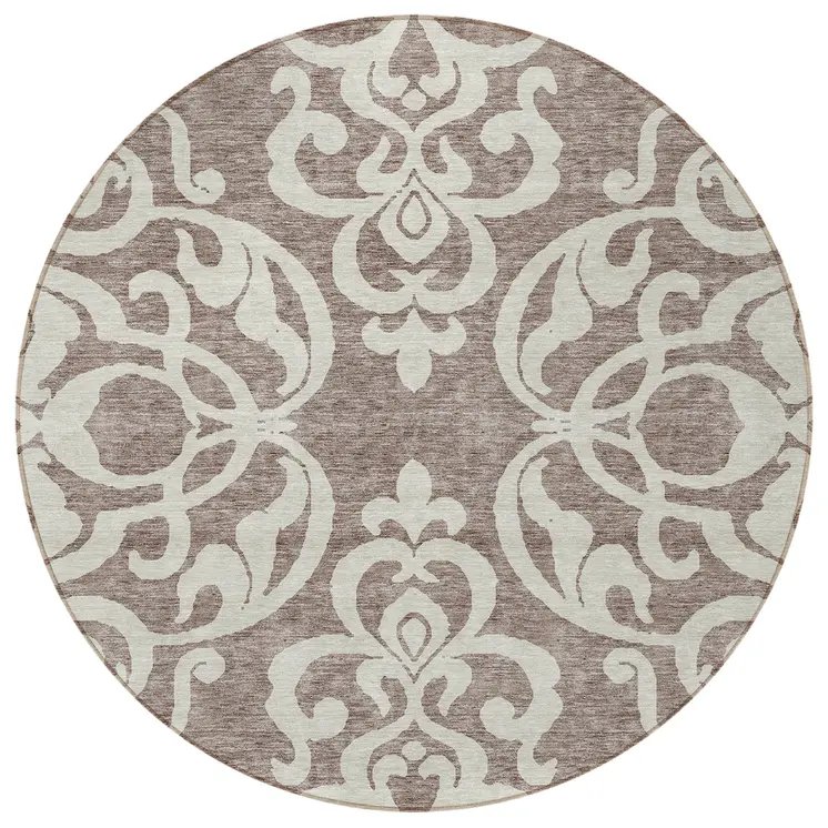 8' Taupe And Ivory Round Damask Washable Indoor Outdoor Area Rug