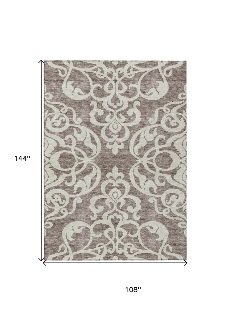 9' X 12' Taupe And Ivory Damask Washable Indoor Outdoor Area Rug