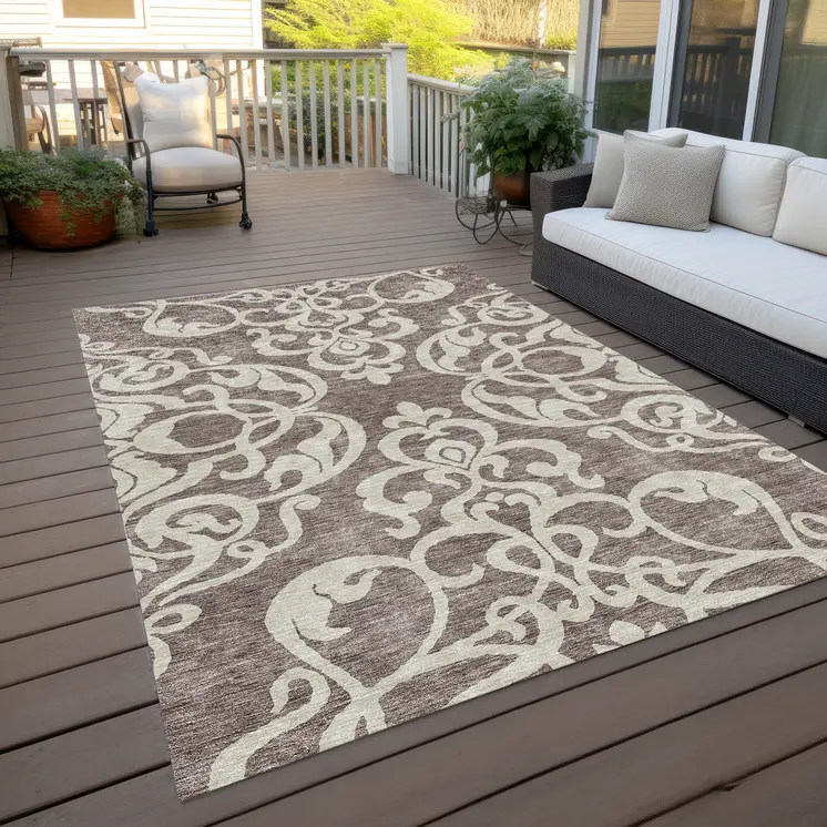 9' X 12' Taupe And Ivory Damask Washable Indoor Outdoor Area Rug