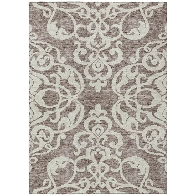9' X 12' Taupe And Ivory Damask Washable Indoor Outdoor Area Rug