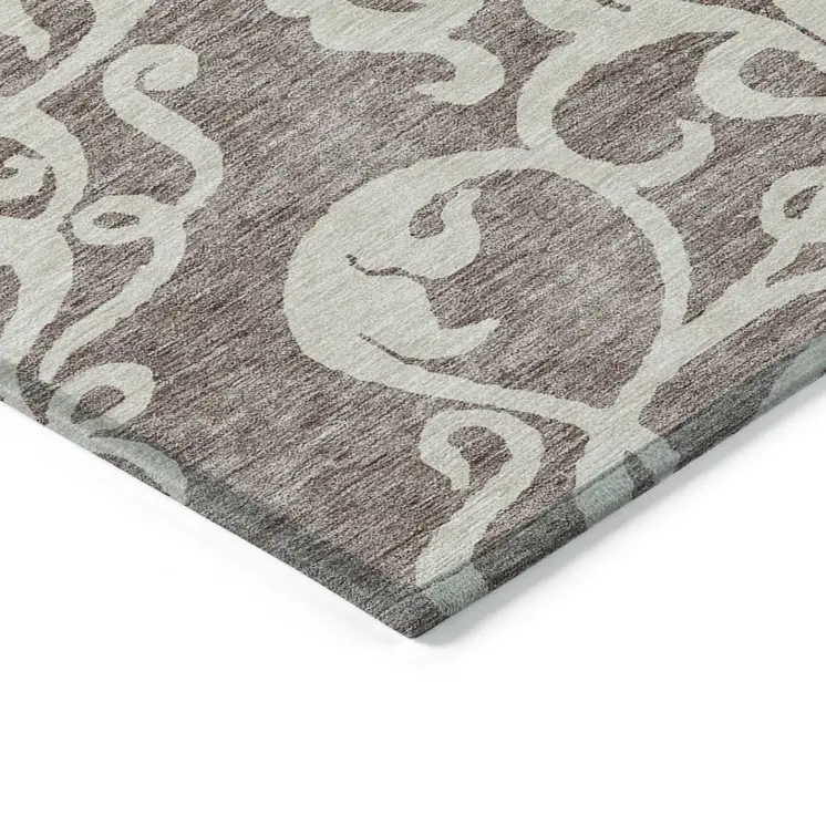 9' X 12' Taupe And Ivory Damask Washable Indoor Outdoor Area Rug