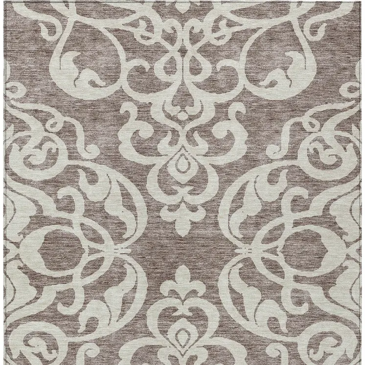 9' X 12' Taupe And Ivory Damask Washable Indoor Outdoor Area Rug