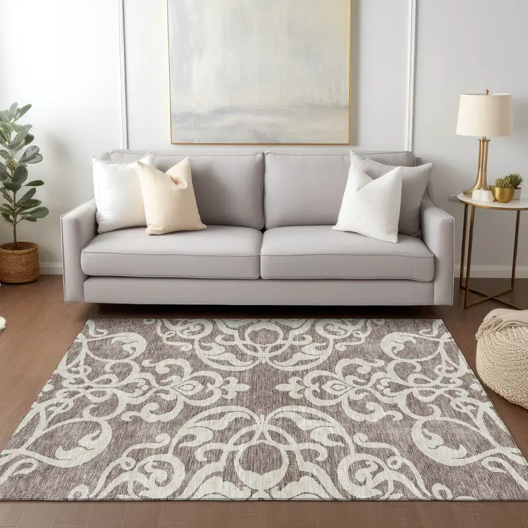 9' X 12' Taupe And Ivory Damask Washable Indoor Outdoor Area Rug