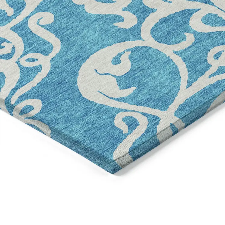 3' X 5' Turquoise And Ivory Damask Washable Indoor Outdoor Area Rug