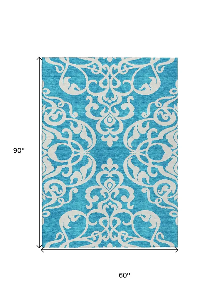 5' X 8' Turquoise And Ivory Damask Washable Indoor Outdoor Area Rug