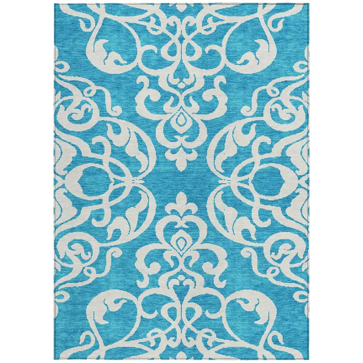 5' X 8' Turquoise And Ivory Damask Washable Indoor Outdoor Area Rug