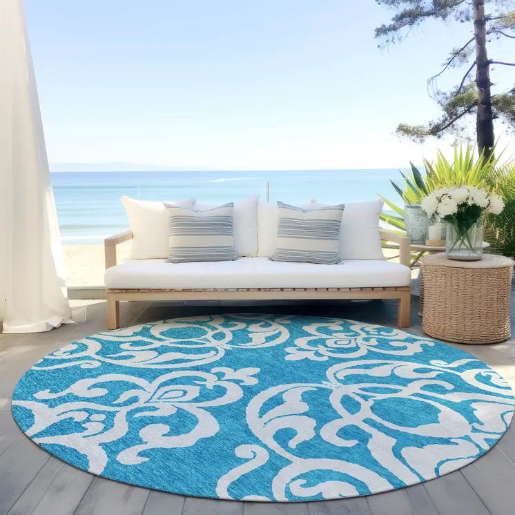 8' Turquoise And Ivory Round Damask Washable Indoor Outdoor Area Rug