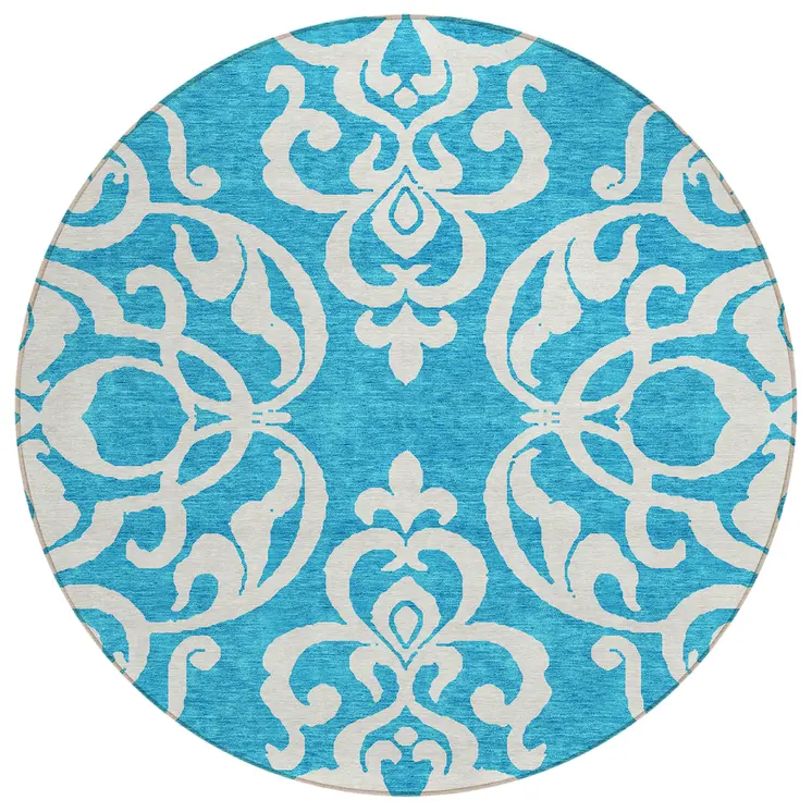 8' Turquoise And Ivory Round Damask Washable Indoor Outdoor Area Rug