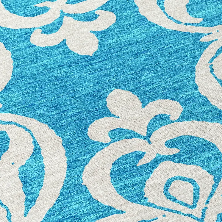 8' Turquoise And Ivory Round Damask Washable Indoor Outdoor Area Rug