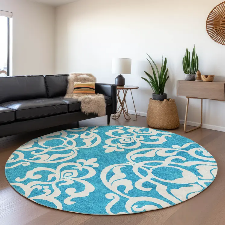 8' Turquoise And Ivory Round Damask Washable Indoor Outdoor Area Rug