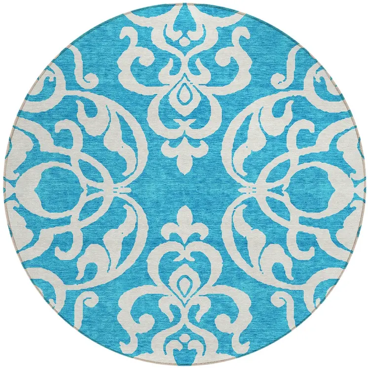 8' Turquoise And Ivory Round Damask Washable Indoor Outdoor Area Rug