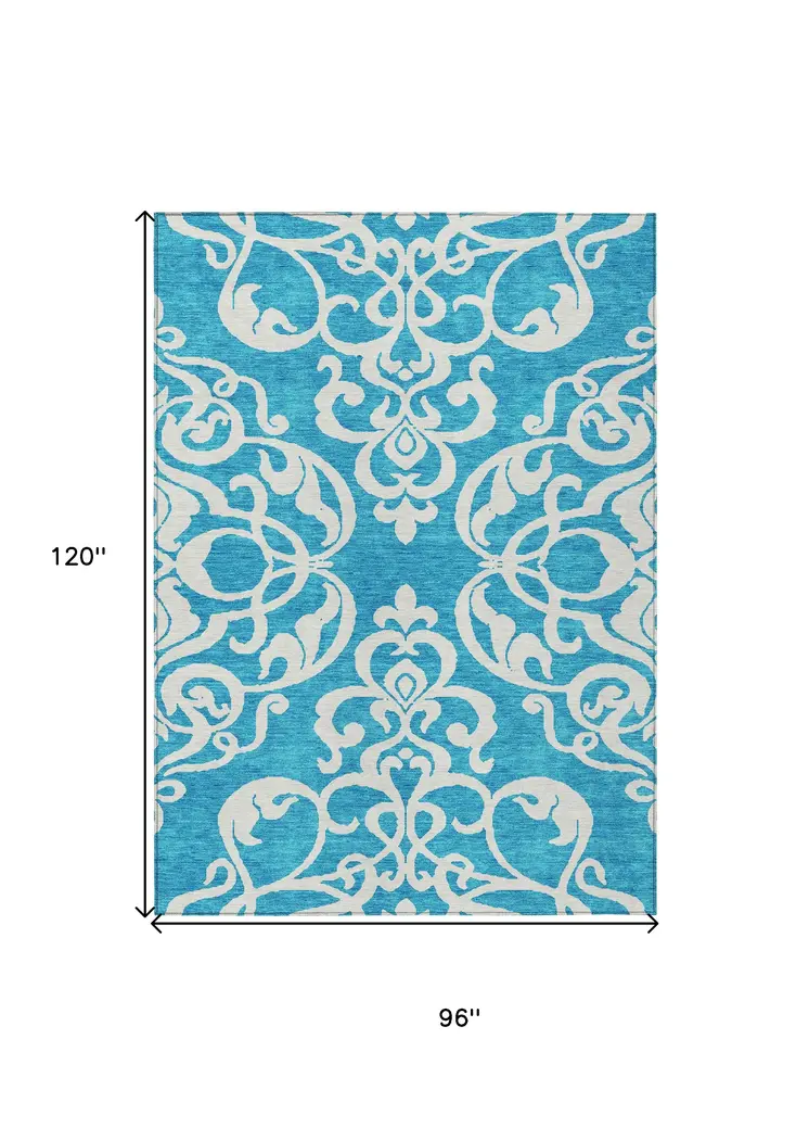 8' X 10' Turquoise And Ivory Damask Washable Indoor Outdoor Area Rug