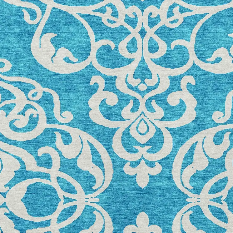 8' X 10' Turquoise And Ivory Damask Washable Indoor Outdoor Area Rug