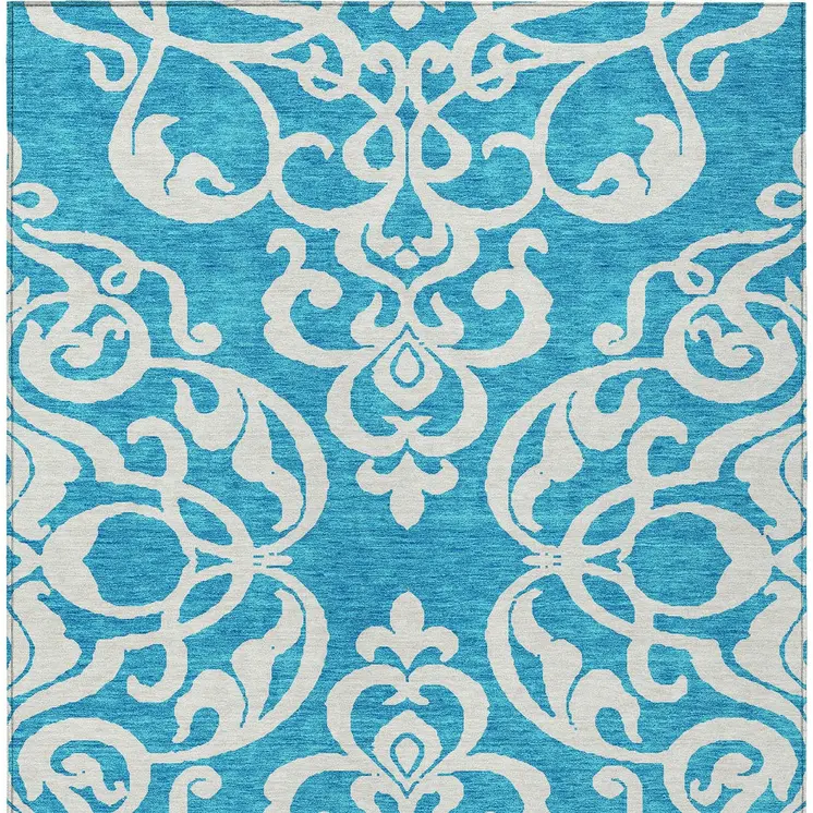 9' X 12' Turquoise And Ivory Damask Washable Indoor Outdoor Area Rug
