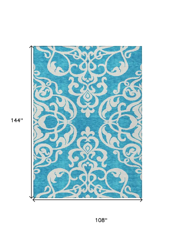 9' X 12' Turquoise And Ivory Damask Washable Indoor Outdoor Area Rug