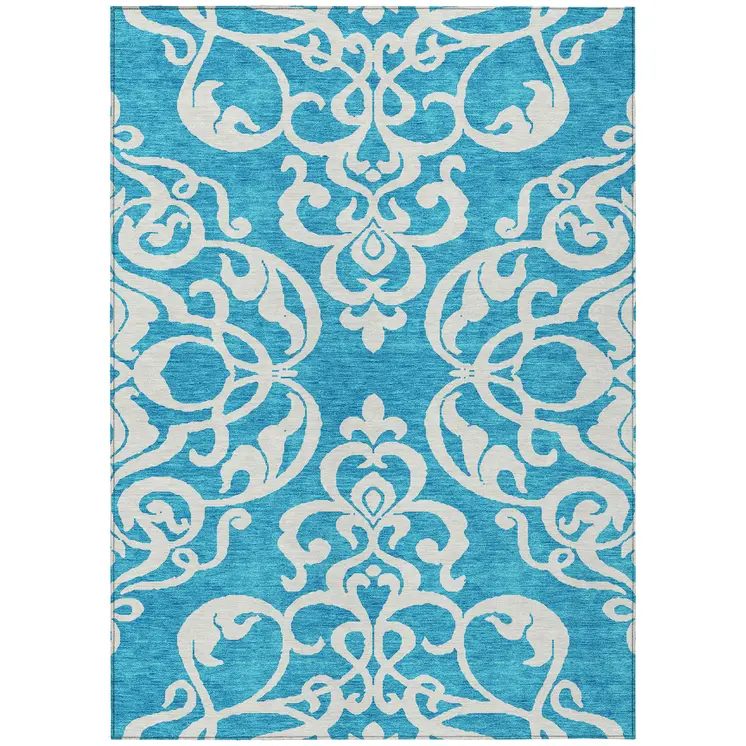 9' X 12' Turquoise And Ivory Damask Washable Indoor Outdoor Area Rug