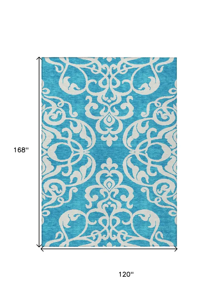 10' X 14' Turquoise And Ivory Damask Washable Indoor Outdoor Area Rug